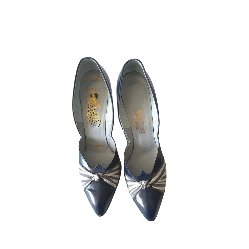 Vintage 40s 50s Peacock Shoes Blue Leather Striped Knot Pointed Toe Pumps Heels